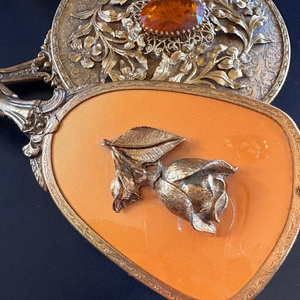 Antique vanity set trinkets case hand mirror‎ brush cup 4 pc amber glass